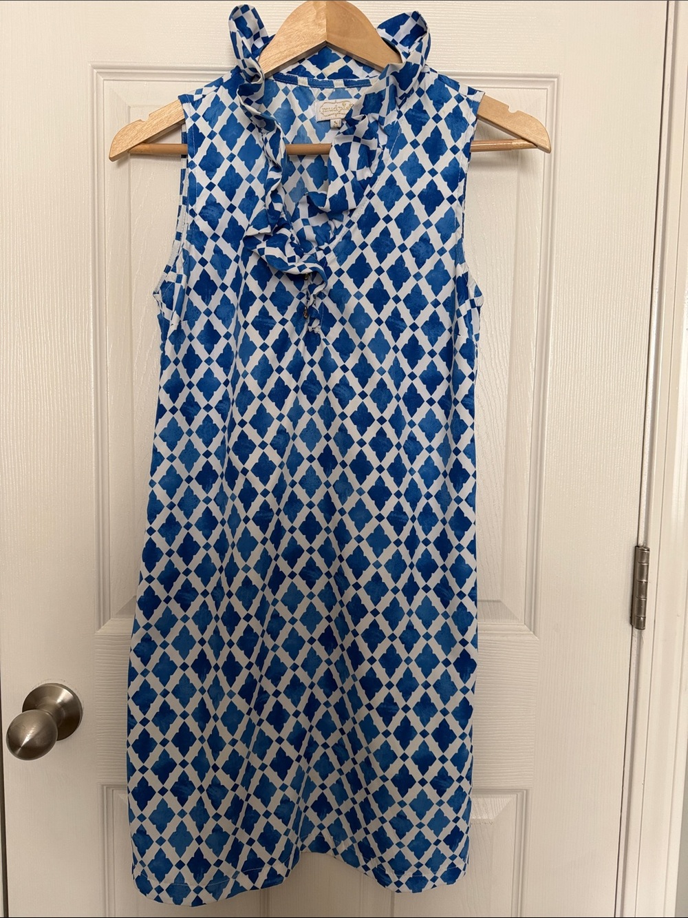 MUD PIE Blue & White Ruffle-Neck Mini Dress | Size S